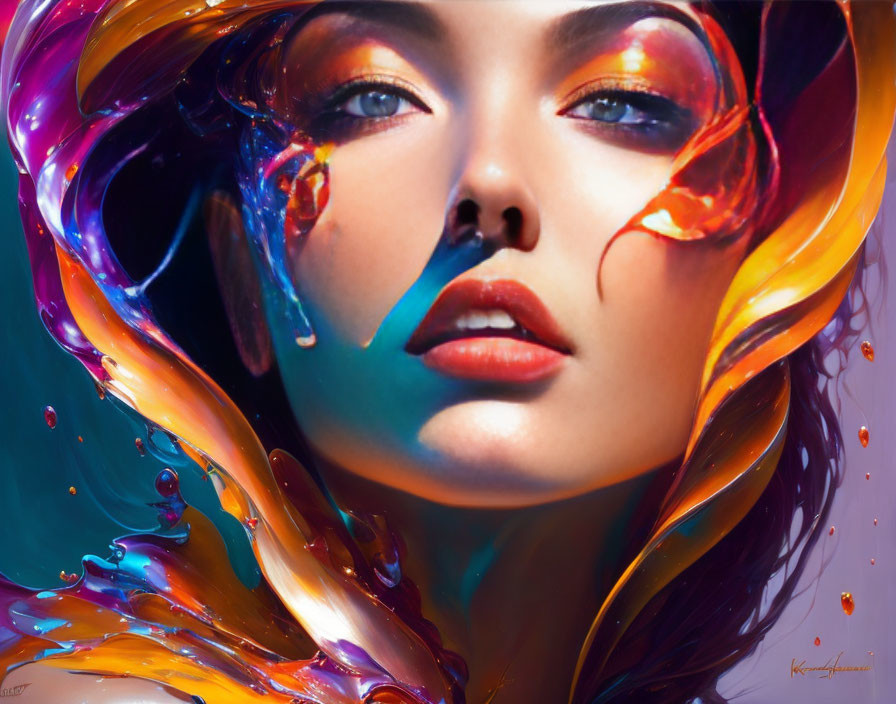 Colorful portrait of a woman's face in vibrant paint splashes