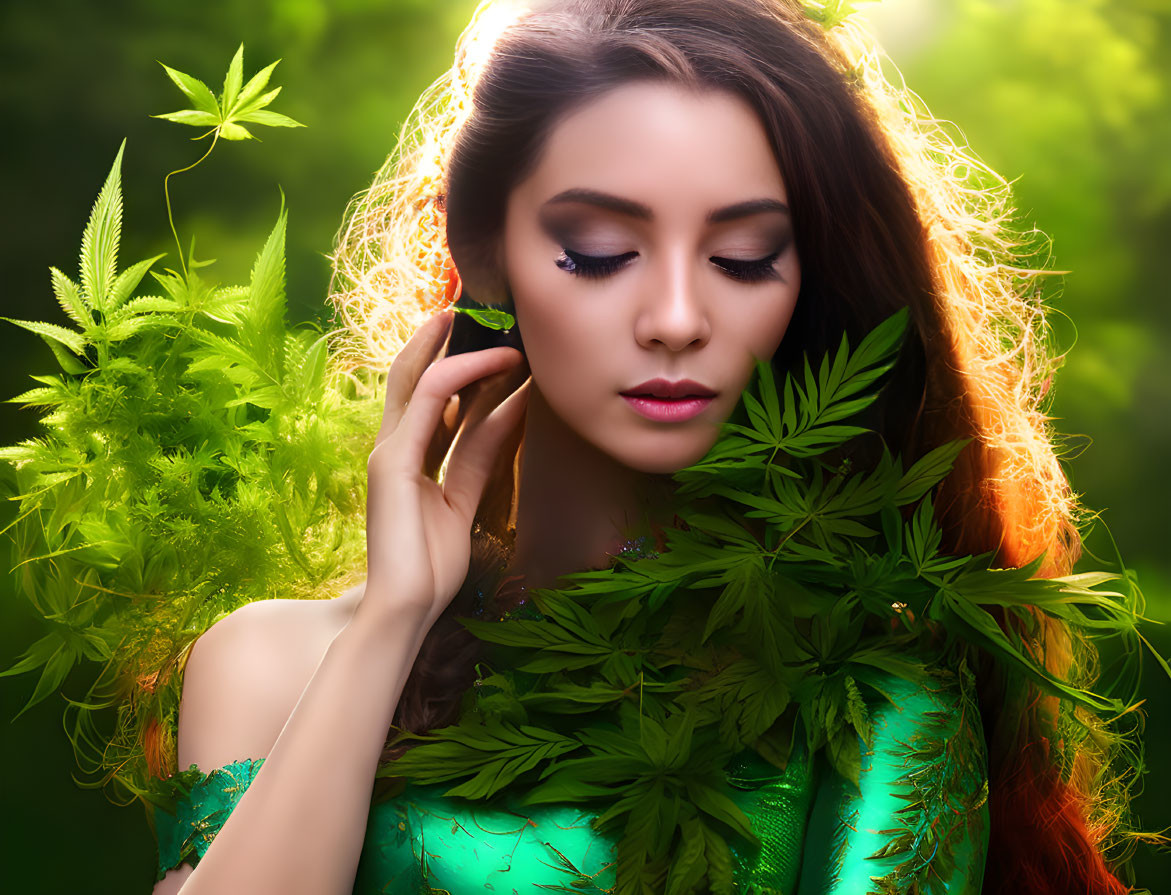 Long-haired woman surrounded by green leaves in nature setting