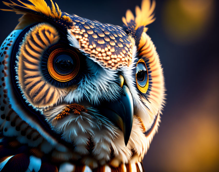 Detailed Owl Portrait with Intricate Feathers and Orange Eyes on Blurred Background