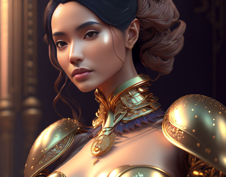 Digital artwork: Woman in elegant updo & golden armor with intricate designs, radiating regal &