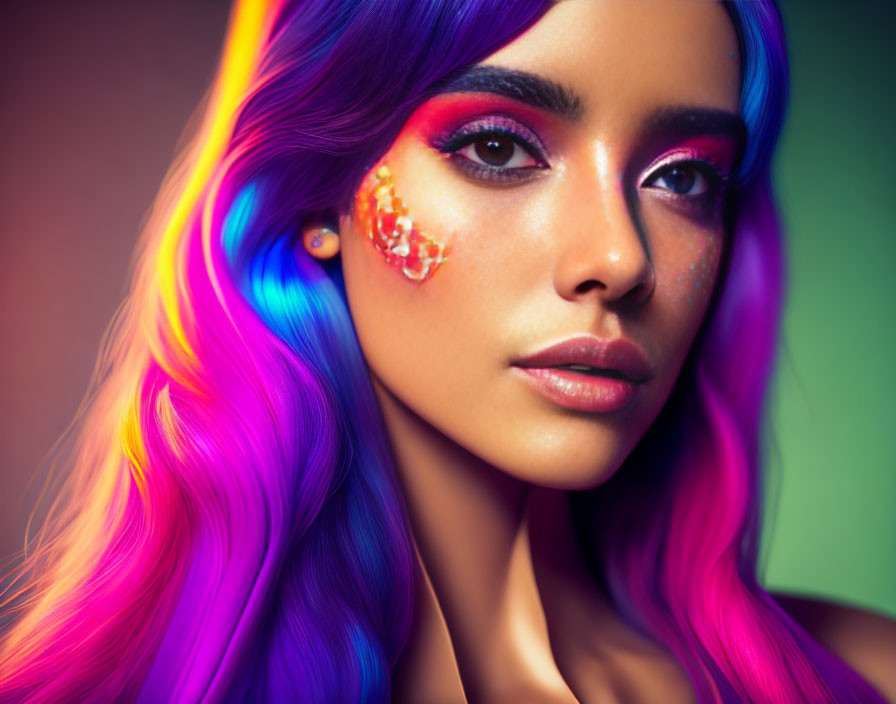 Vibrant Rainbow-Colored Hair and Artistic Makeup Portrait