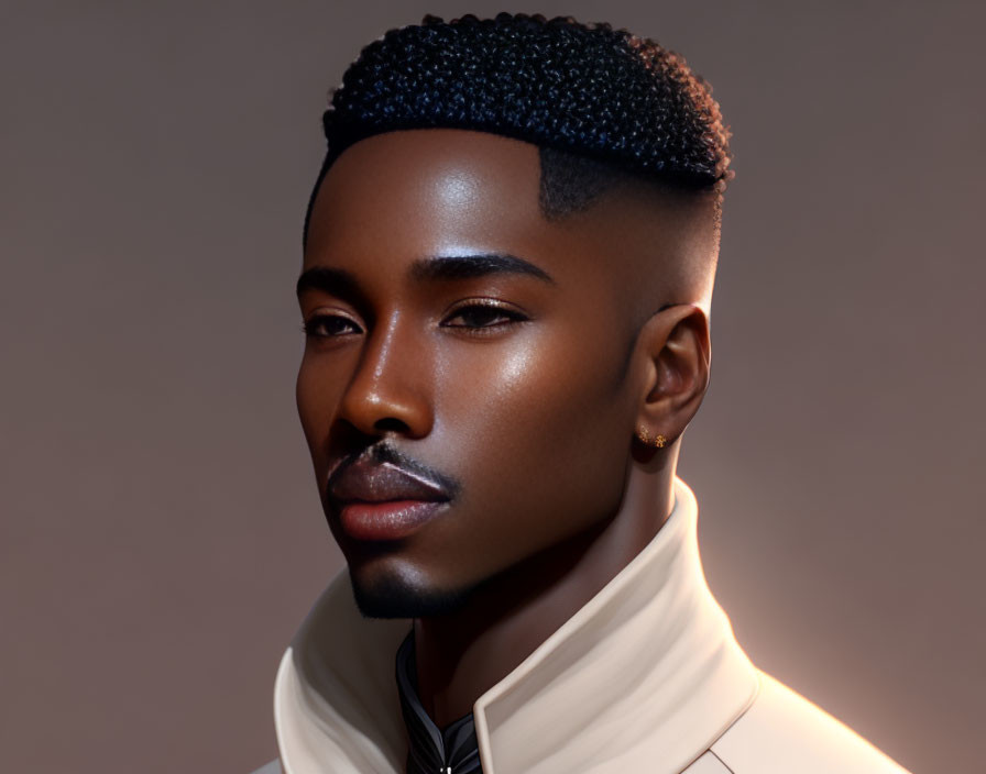 Man with Short Curly Hair in White Turtleneck Jacket Portrait