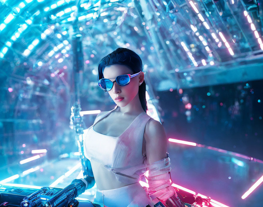 Cybernetic arms woman in futuristic sunglasses in neon-lit tunnel