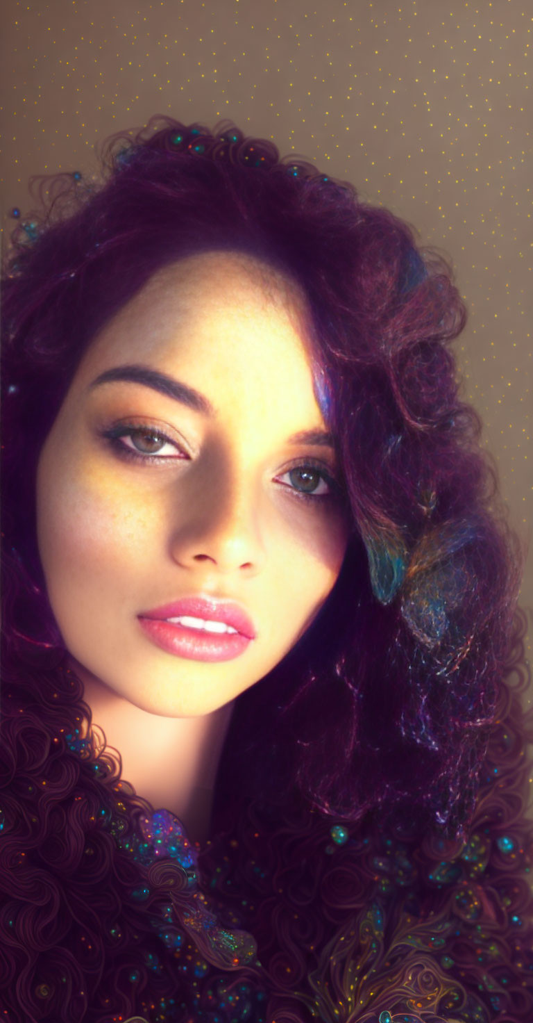 Portrait of Woman with Curly Purple Hair and Captivating Eyes on Sparkling Golden Background