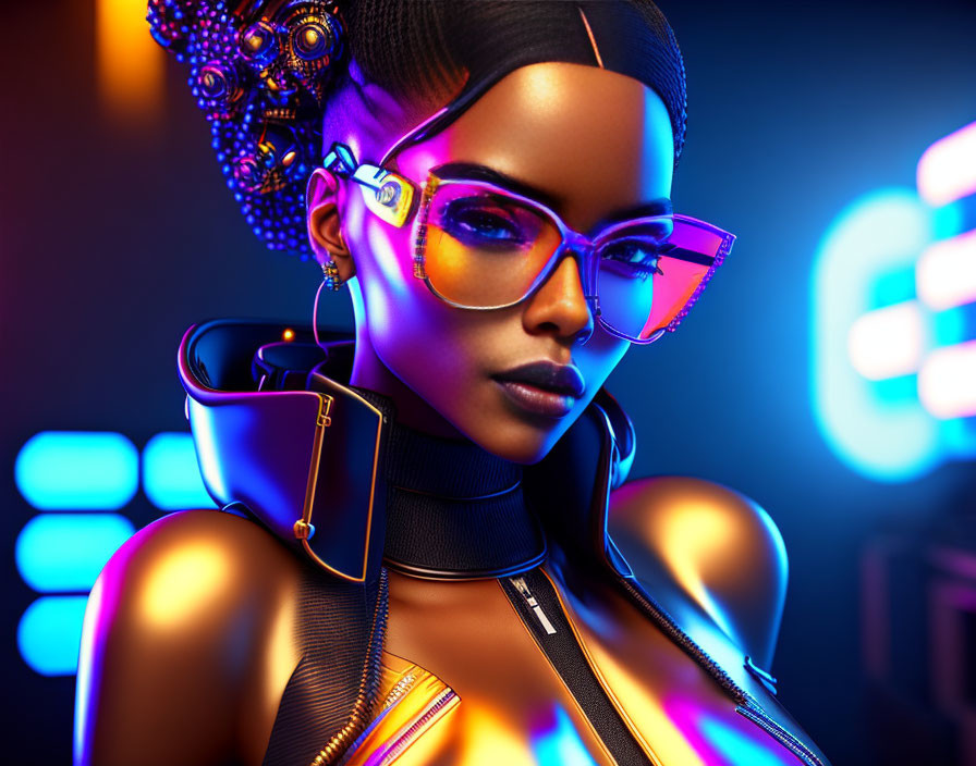 Digital artwork: Woman with stylized hair, orange glasses, futuristic attire on neon-lit backdrop