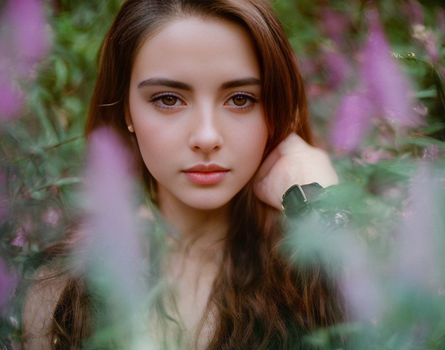 Brown-haired woman with neutral makeup posing among blurred purple flowers