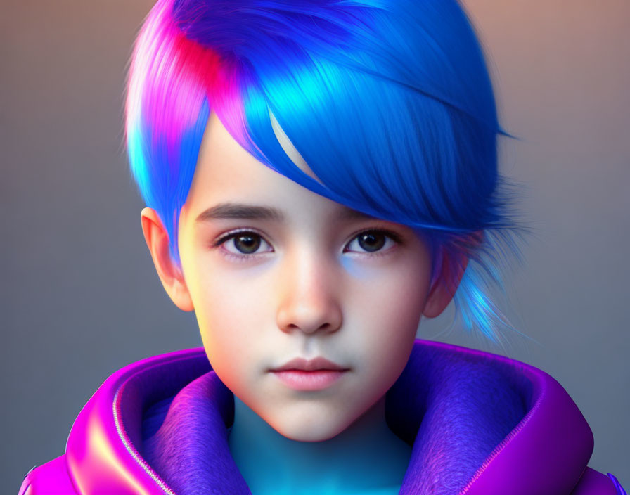 Colorful Child Portrait with Blue and Pink Hair in Purple Jacket