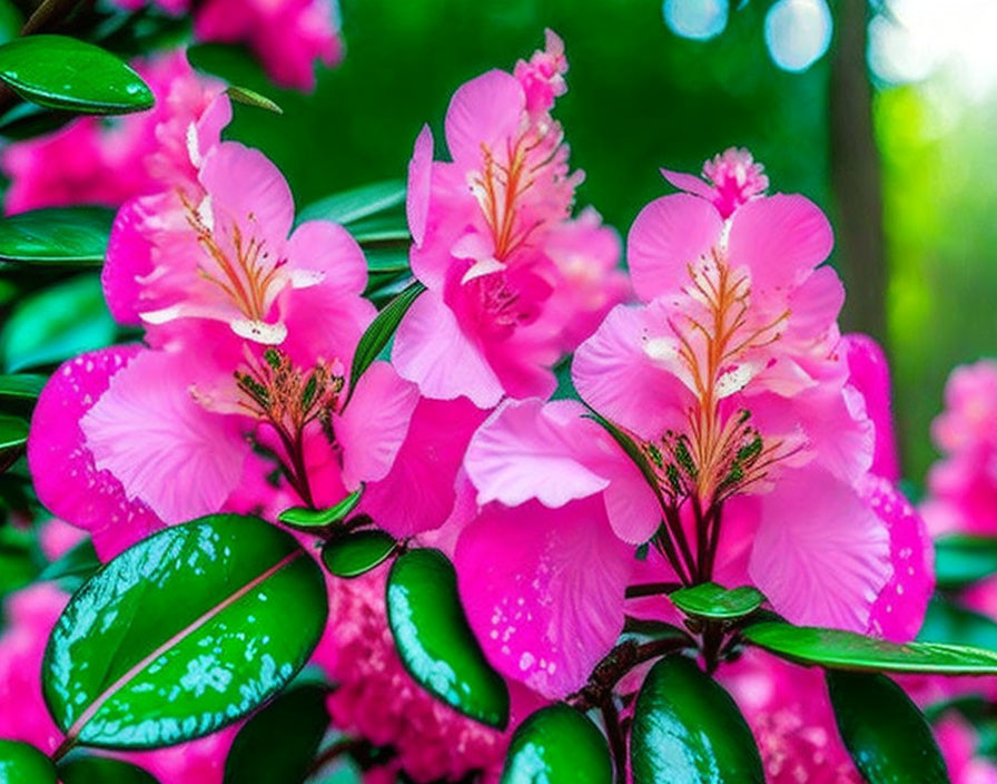 Pink Rhododendron Flowers with Water Droplets on Green Background