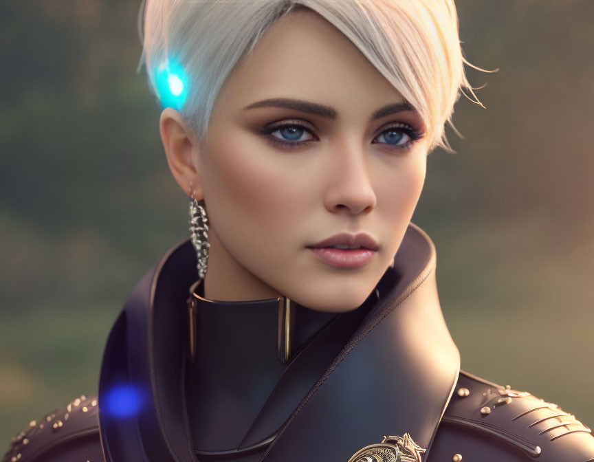 Blonde woman in futuristic armor with blue eyes and earpiece