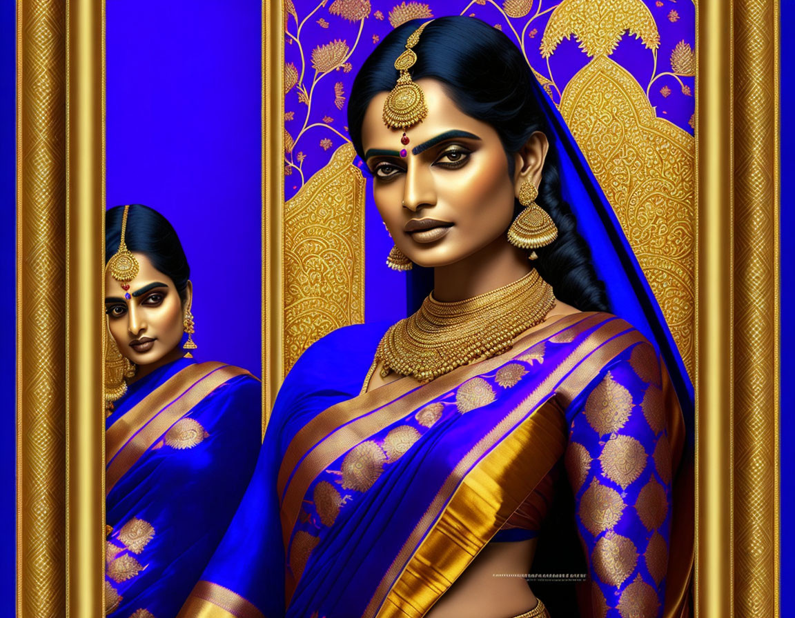 Traditional Indian woman in gold jewelry and attire before a mirror on blue background