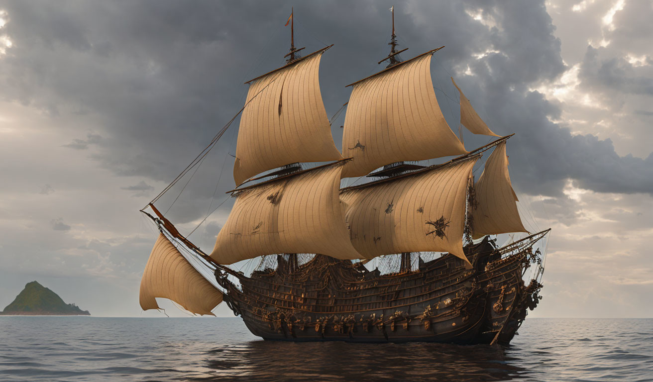 Wooden sailing ship with tall masts and billowing sails at sea.