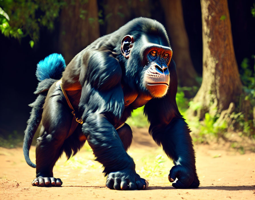 Male gorilla walking confidently in lush greenery under sunlight