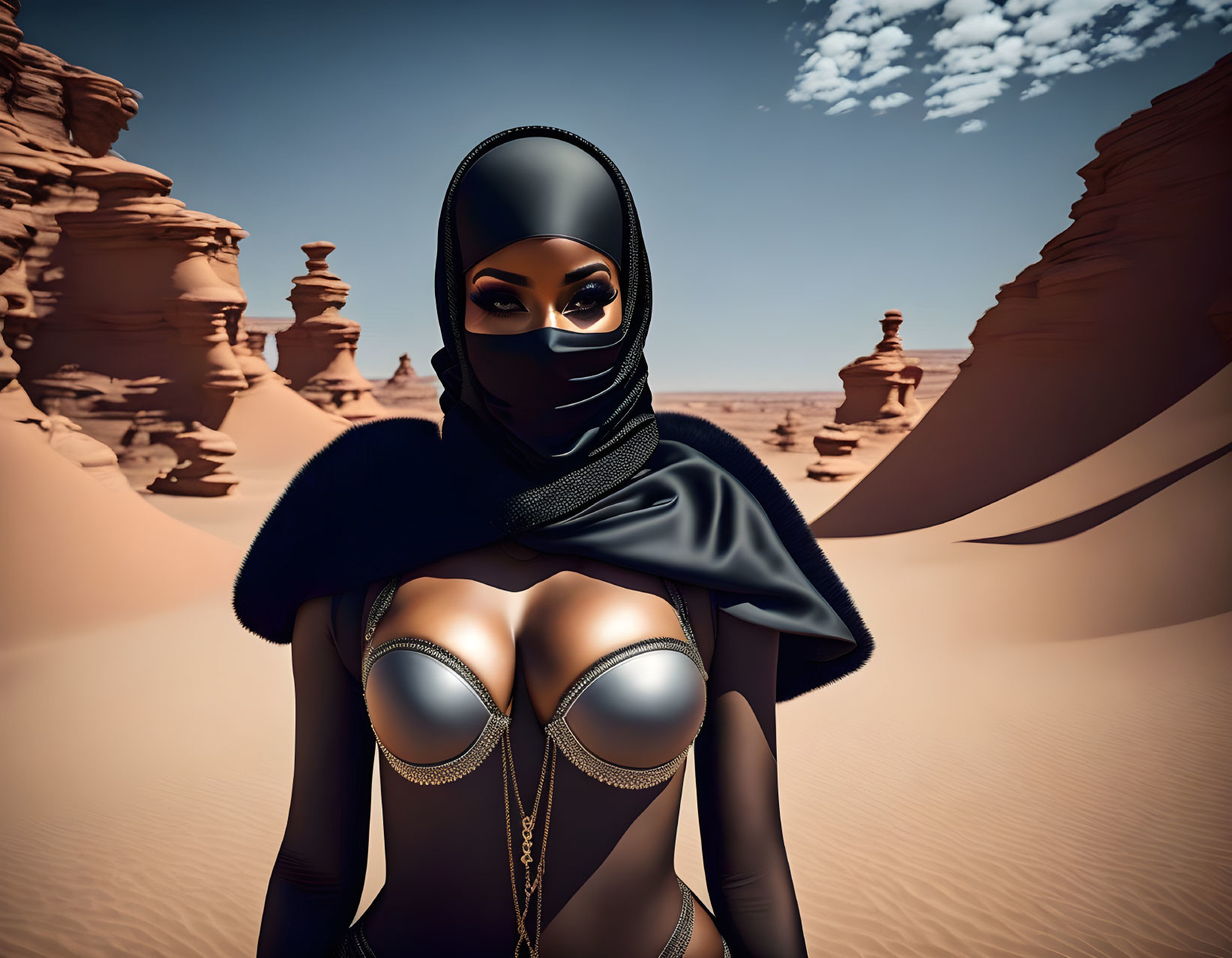 Futuristic desert outfit 3D illustration with mask and cape