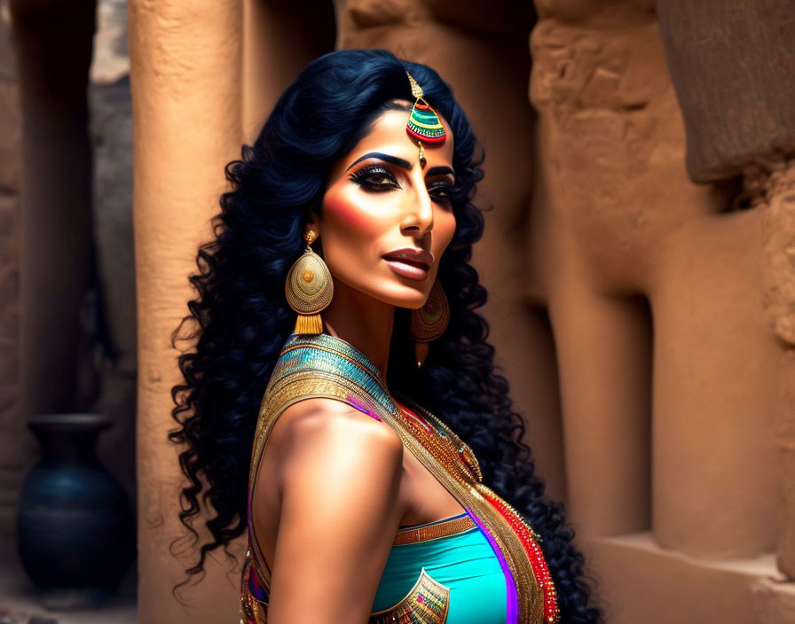 Styled Black-Haired Woman in South Asian Jewelry Poses Gracefully