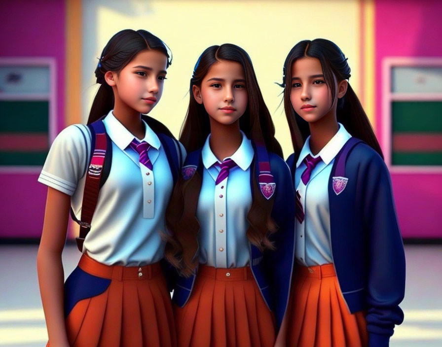 Three girls in school uniforms in front of colorful school building