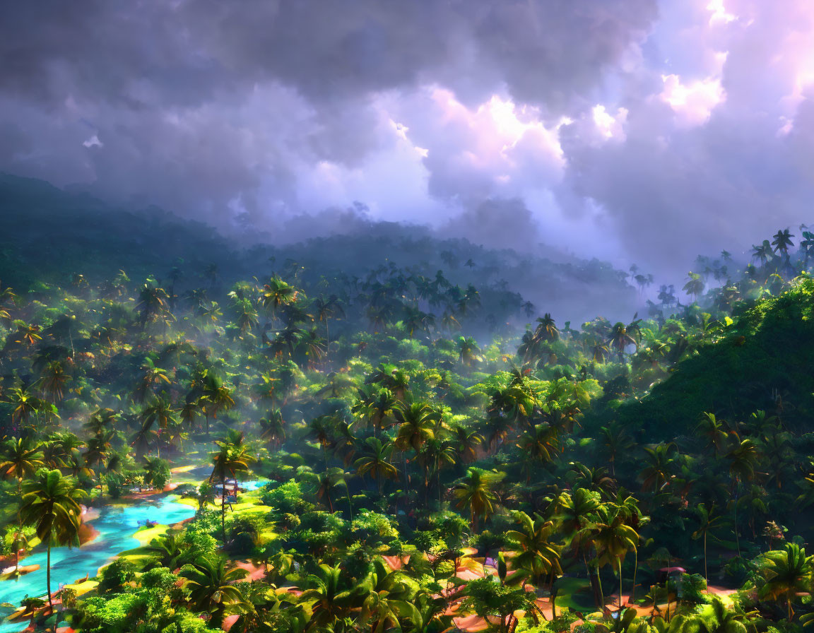 Tropical forest with palm trees, blue river, dramatic sky