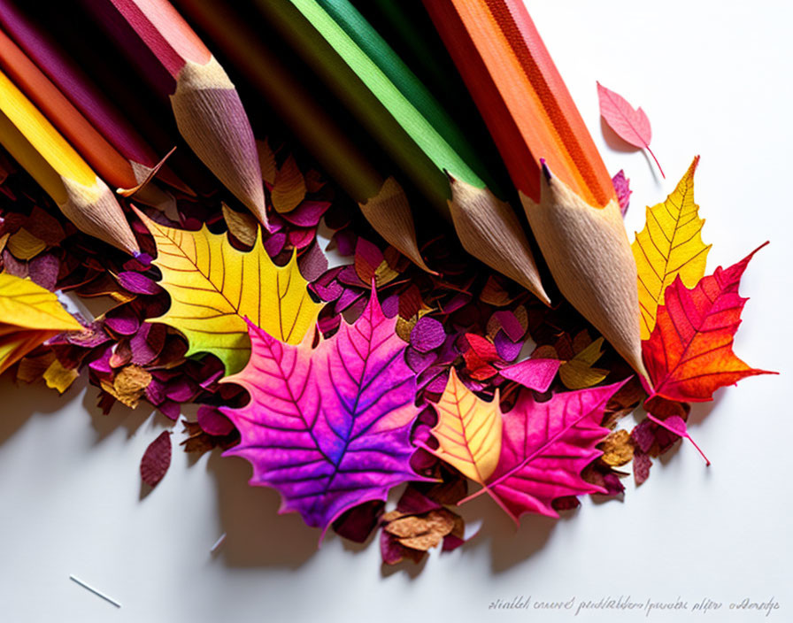 Vibrant autumn leaves gradient with colored pencils on white surface