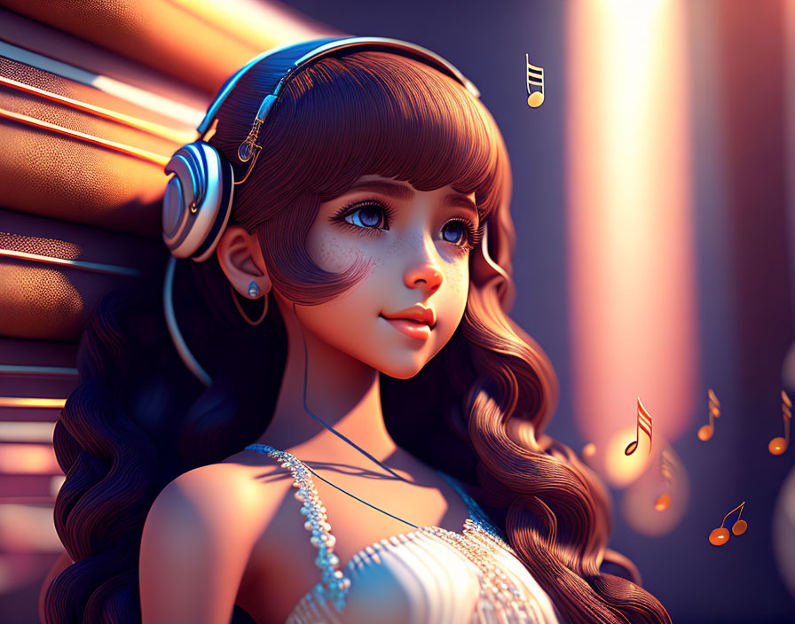 Digital artwork: Young girl with headphones, warm lighting, floating musical notes