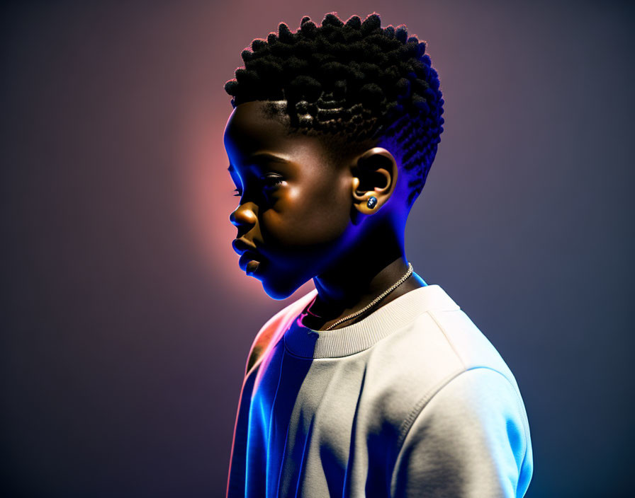 Young Person with Stylish Hair and Earrings in Blue and Orange Lights