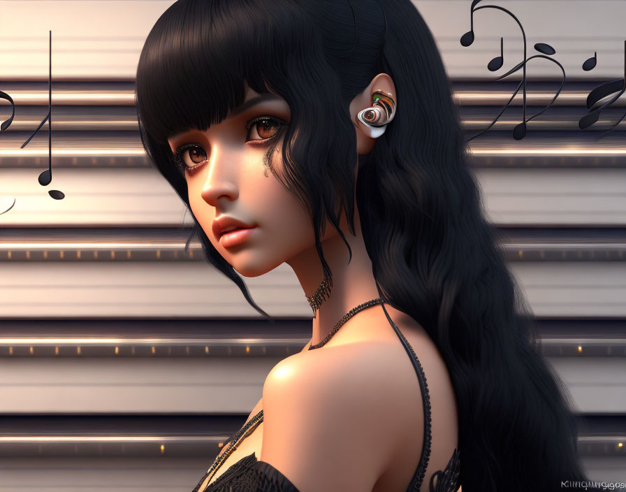 3D-rendered female character with black hair and earpiece in musical notes background