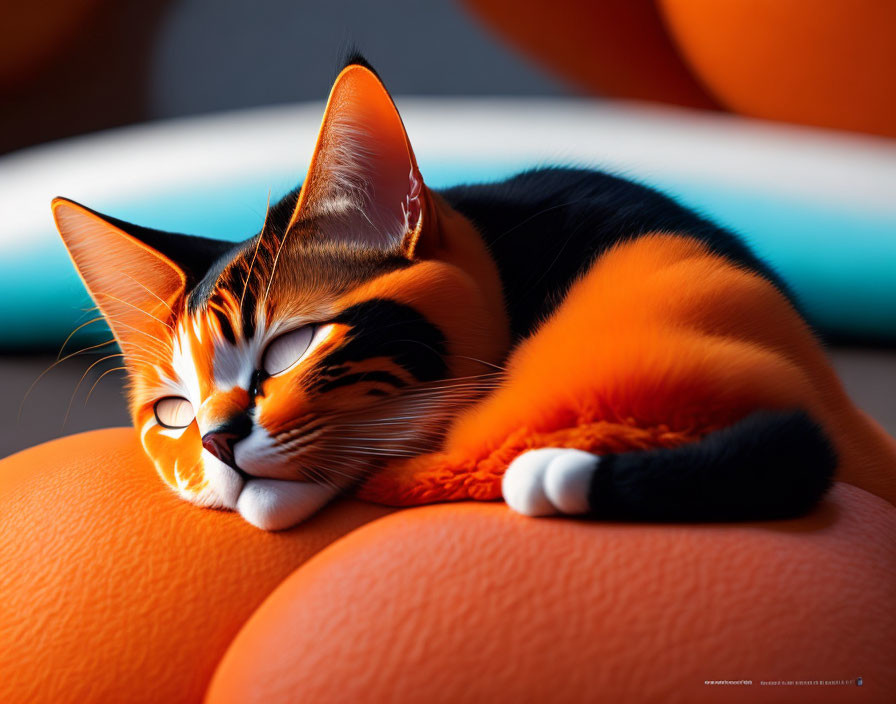 Calico Cat with Orange and Black Markings Resting on Orange Surface