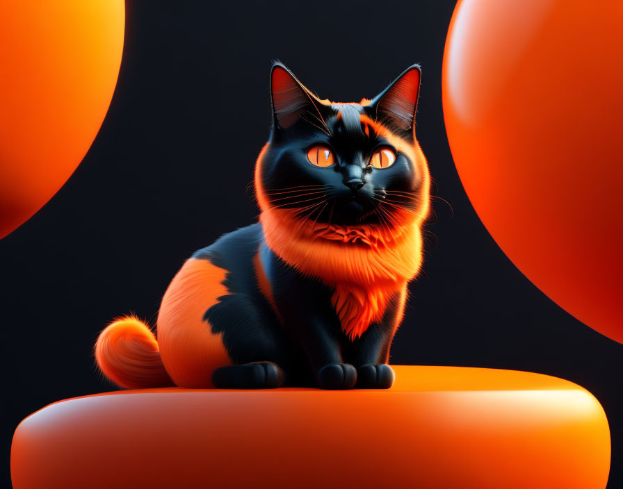 Stylized black and orange cat with glowing eyes on dark background