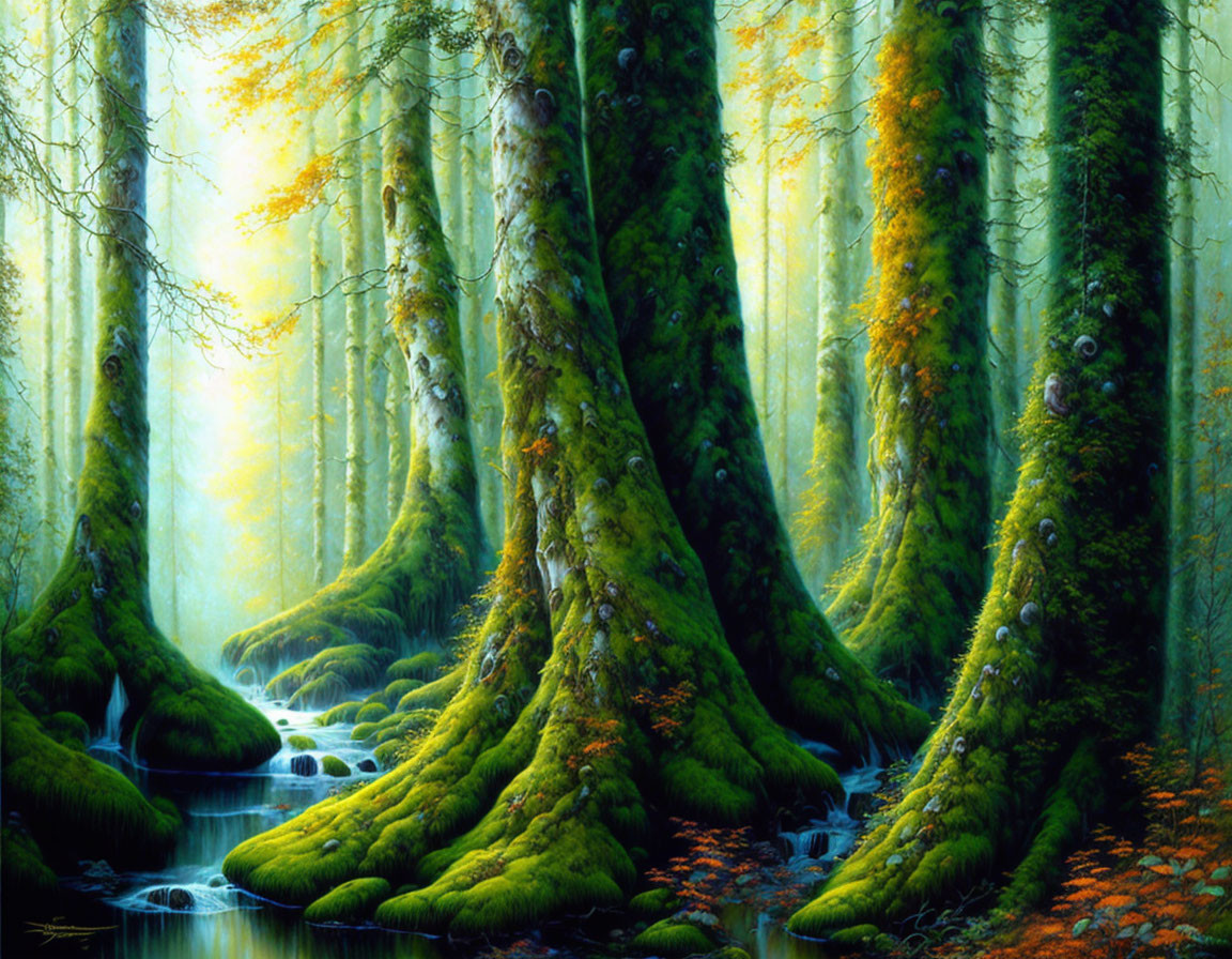 Misty forest with moss-covered trees and a gentle stream