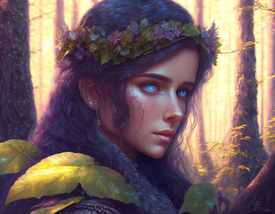 Woman with floral crown in enchanted forest with sunlight and leaves.