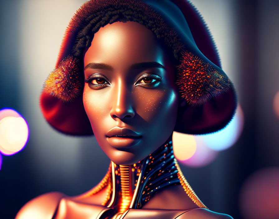 Futuristic digital art portrait of woman with glowing skin and headset