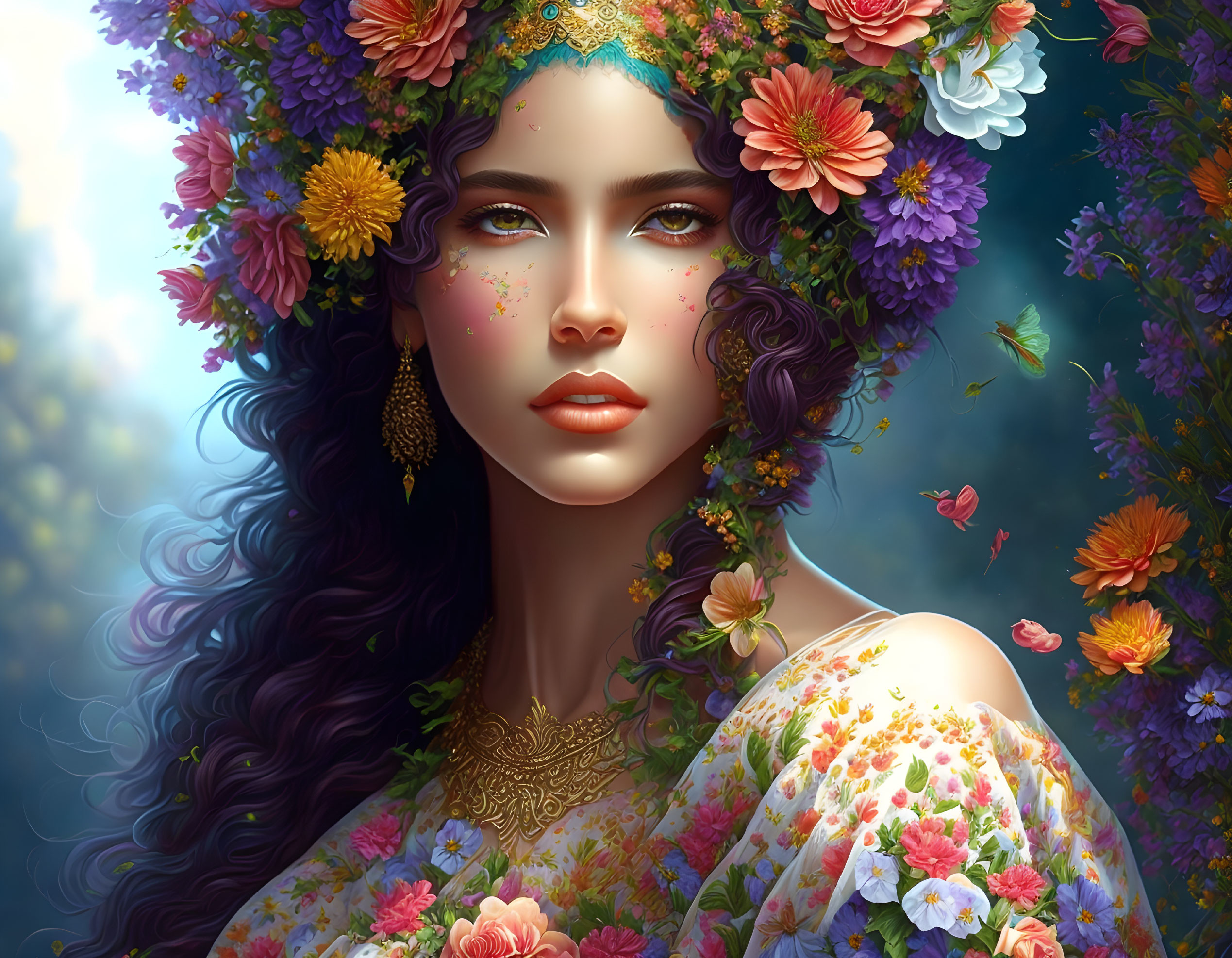 Digital Artwork: Woman in Floral Crown with Butterflies & Blossoms