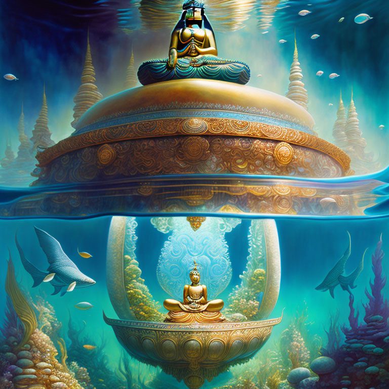 Surreal artwork: Meditating figure on lotus above water, mirrored underwater scene with fish