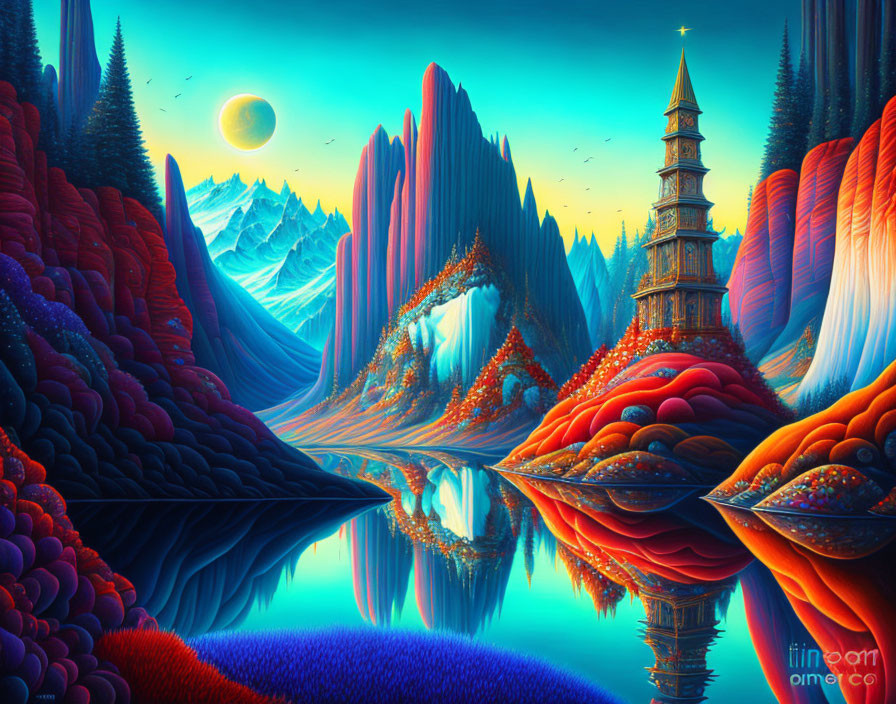 Fantastical landscape with castle, colorful foliage, mountains, mirrored lake