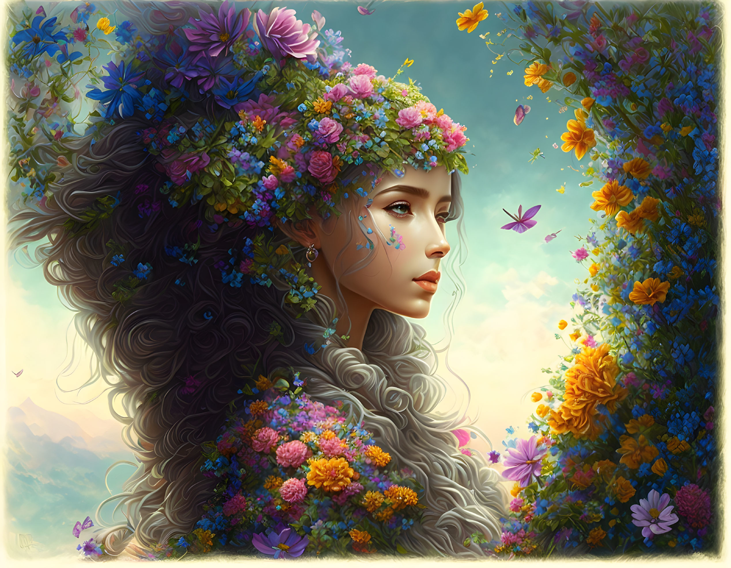 Woman with Floral Wreath and Butterflies in Cloudy Sky