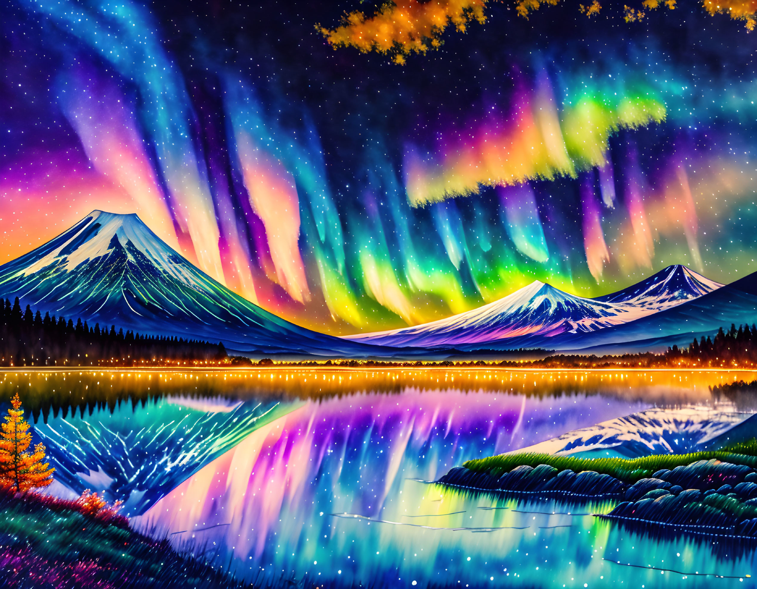 Northern Lights Painting: Snowy Mountains & Starry Sky