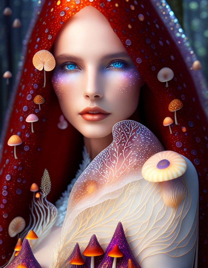 Illustration of person with starry skin, blue eyes, red hood, mushrooms, and patterned