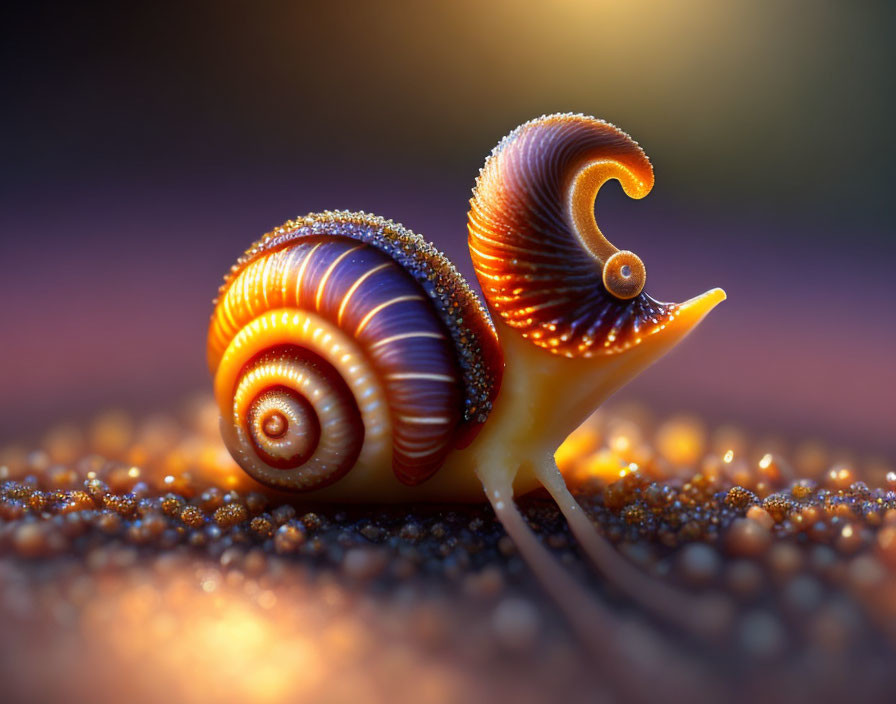 Colorful spiraled shell snail gliding on dewy surface in golden light