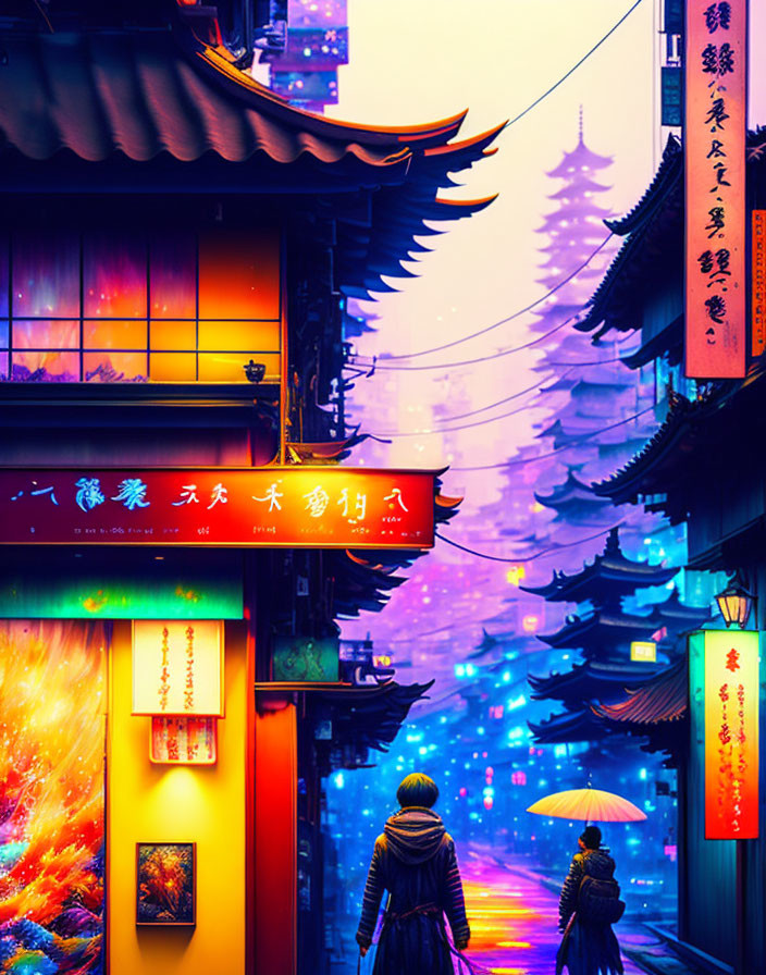 Traditional Asian architecture and neon signs in misty street scene.