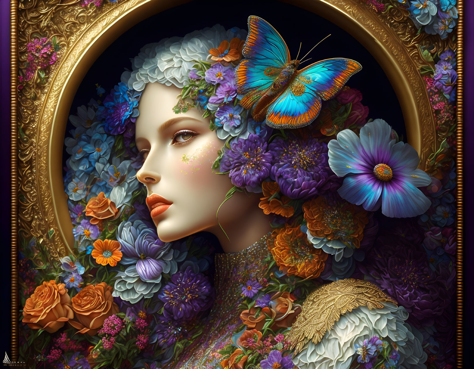 Digital artwork: Woman with flowers and butterfly in ornate golden frame