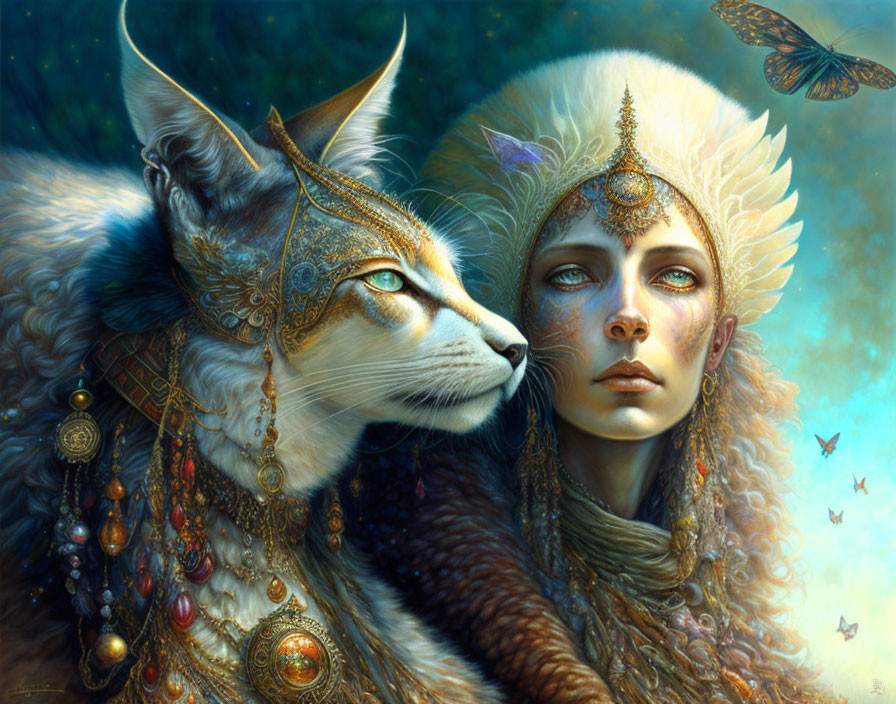 Ornately adorned woman and majestic cat with intricate accessories in mystical blue setting.