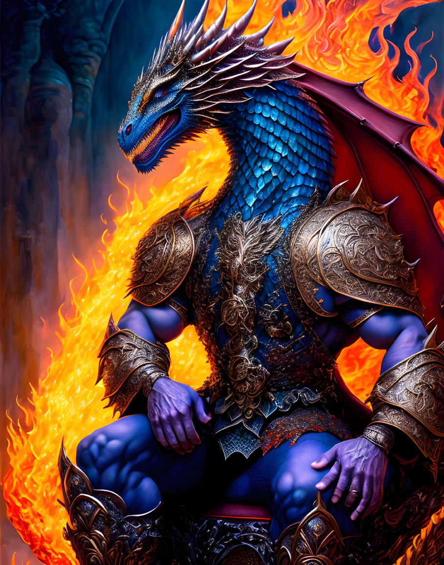 Blue Dragon in Golden Armor Surrounded by Flames