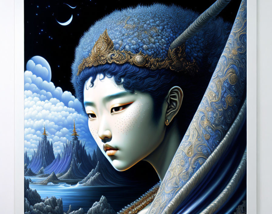 Surreal portrait of person with blue ornate headgear and horns in fantasy cloudscape