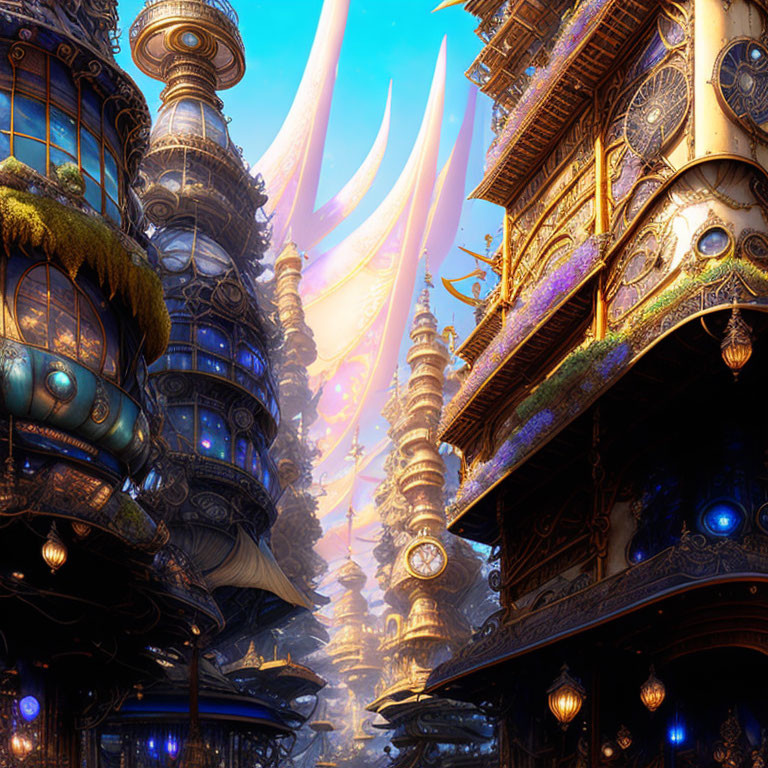 Futuristic cityscape with towering spires and glowing blue lights