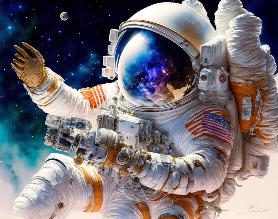 Detailed astronaut in spacesuit with outstretched arm against starry backdrop and Earth reflection.