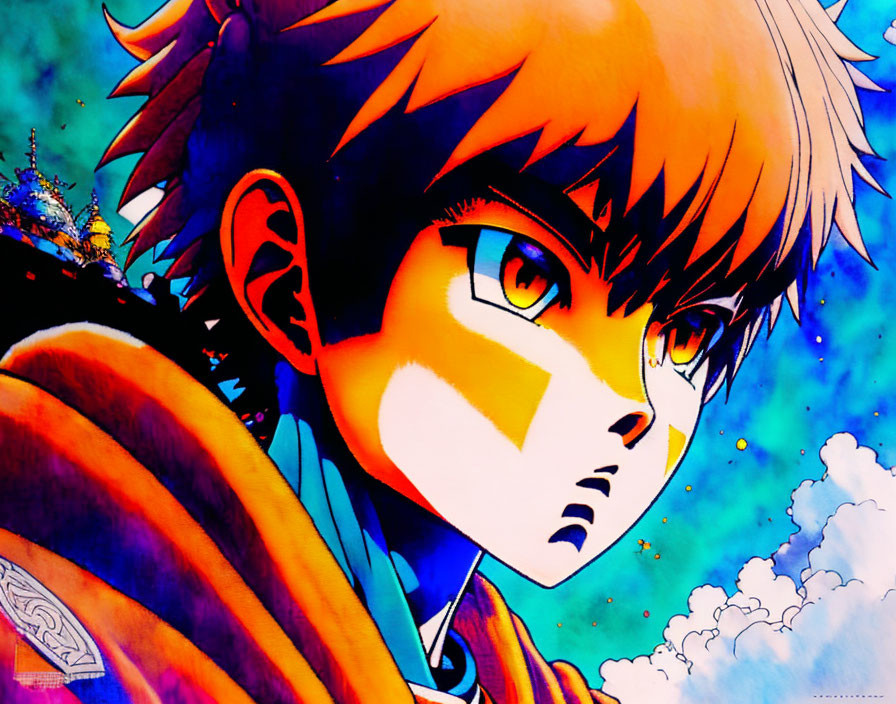 Orange-haired anime character in cloak against vibrant sky and castle.