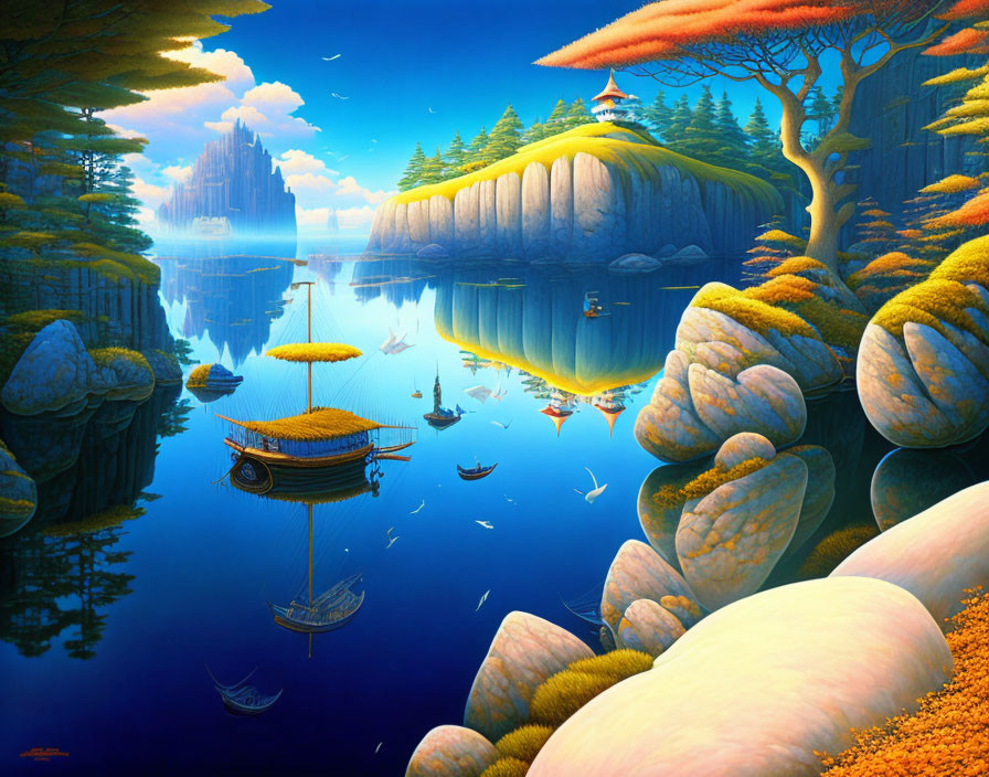 Vibrant fantasy landscape with colorful trees, calm waters, rock formations, boats, and traditional hut