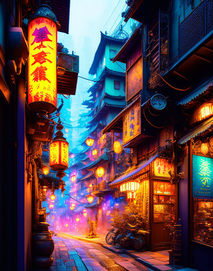 Traditional lantern-lit alley with misty, colorful ambiance and wooden buildings