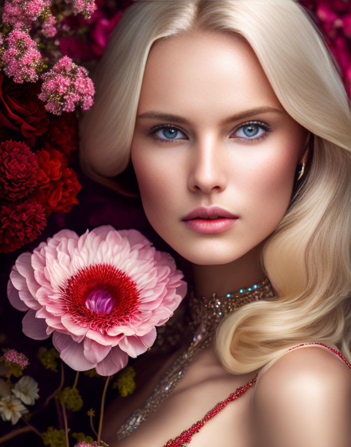 Blonde Woman with Blue Eyes Surrounded by Colorful Flowers