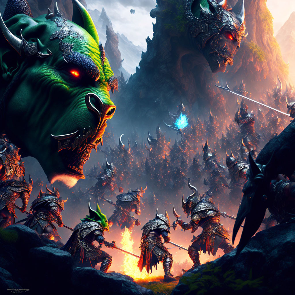 Fantasy army of armored orc warriors with spears in fiery landscape led by dragon-headed figures in dramatic