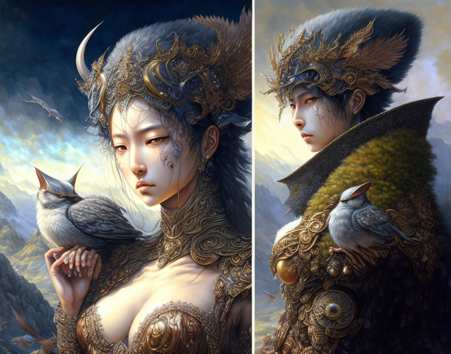 Illustrated diptych: Woman in ornate armor with mythical bird against cloudy sky