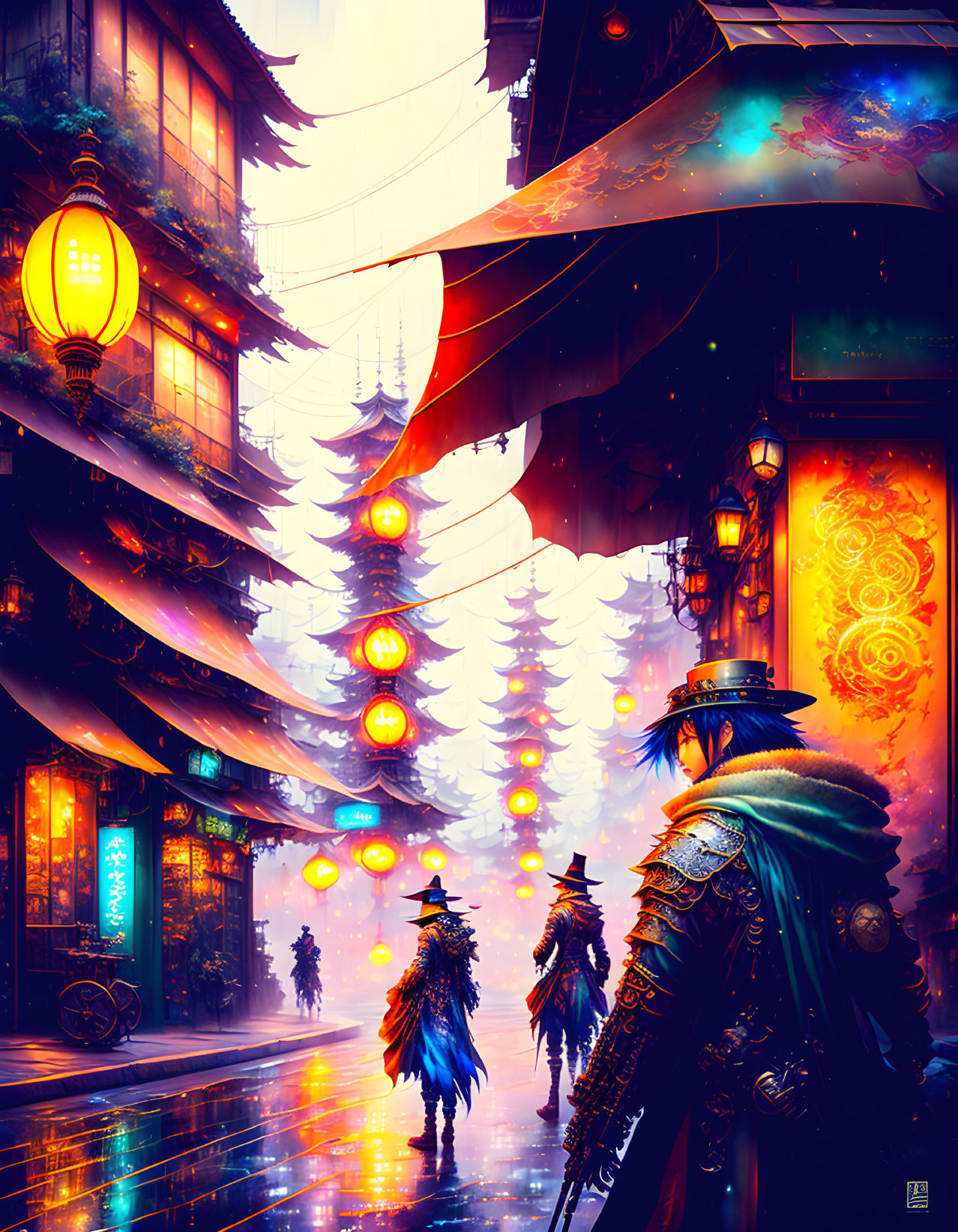 Vibrant street scene with lanterns, traditional attire, and futuristic elements at twilight